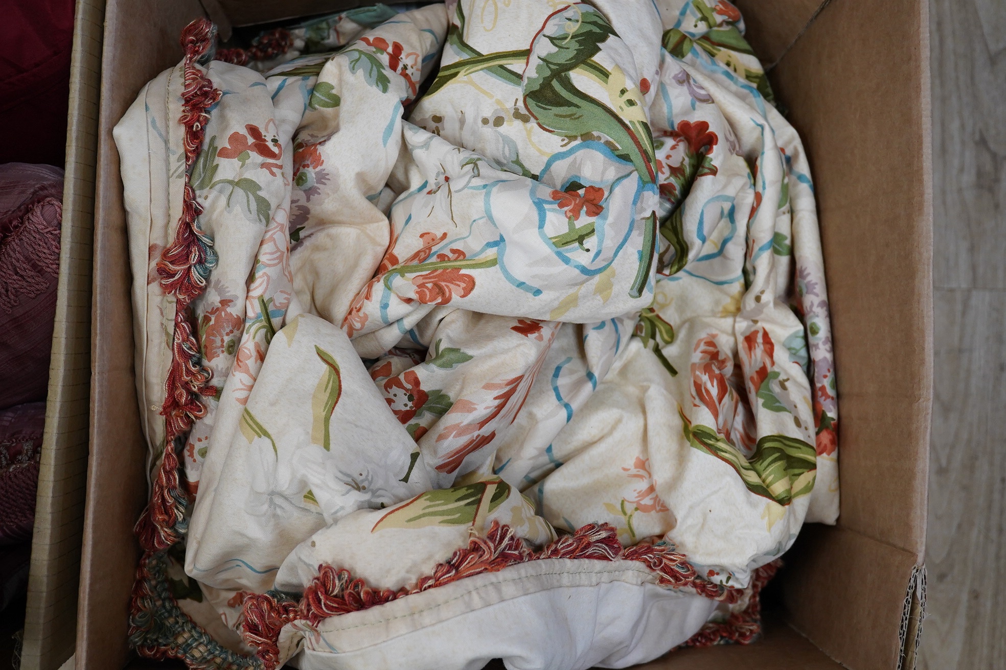 A quantity of cushions and a Colefax and Fowler printed floral curtain, (two boxes), curtain 180cm wide x 207cm long. Condition - fair